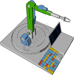 绿色机器人机器 插图 白色背景的矢量卡通片技术绘画工程收藏电子人控制小说艺术金属图片
