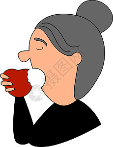 白色背景上吃苹果的老妇人插画矢量图片