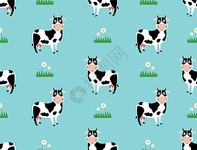 野外背景矢量插图上带有可爱牛牛漫画的无缝模式图片