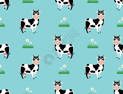 野外背景矢量插图上带有可爱牛牛漫画的无缝模式背景图片