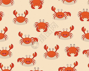 海滩背景上可爱卡通红蟹的无缝图案-矢量图解图片