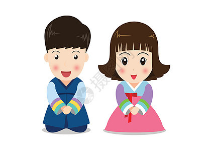 穿着白背景韩国传统服装的可爱卡通夫妇儿童(白人背景)图片