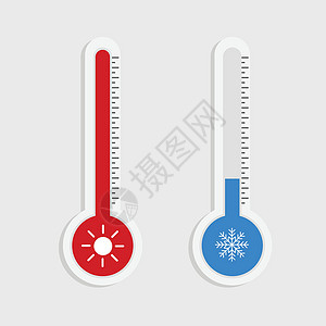 显示白色背景的热或寒冷气候的温度计设备的矢量插示图图片