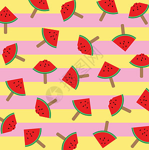 西瓜冰淇淋切片的矢量插图 在有多种不同模式背景的棍子上图片