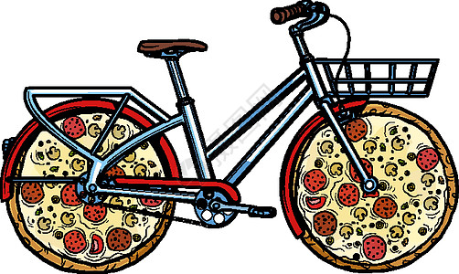 披萨递送 自行车快递服务盘子胡椒面团蔬菜烹饪午餐香肠插图卡通片漫画图片
