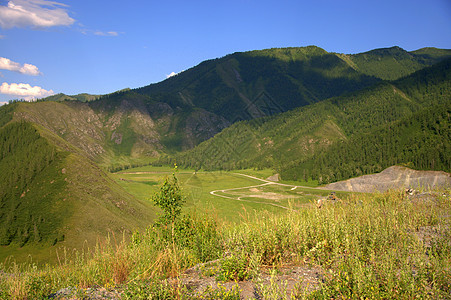 山里有牧草和肥沃的山谷 阿尔泰 西伯利亚 俄罗斯 风景横幅环境地平线草原针叶林农村牧场旅行土地蓝色图片