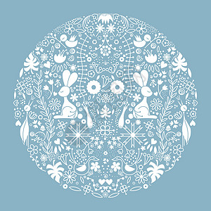 带动植物的蓝色背景上的白圆形图案 与动物和植物一起图片