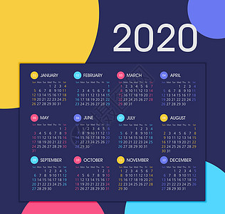 矢量日历 2020 年 星期从周日开始日程季节日记商业时间办公室插图网格数字广告图片