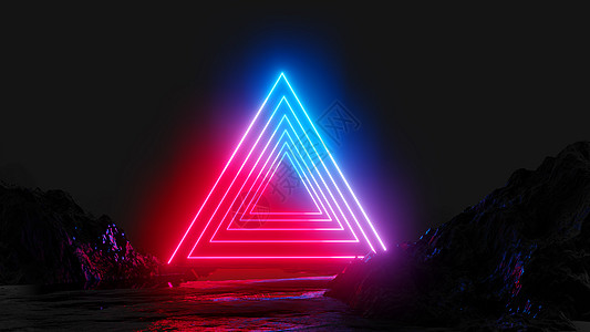 深色背景上发光的霓虹三角形展示光谱虚拟现实蓝色激光反射网络地面彩虹房间图片