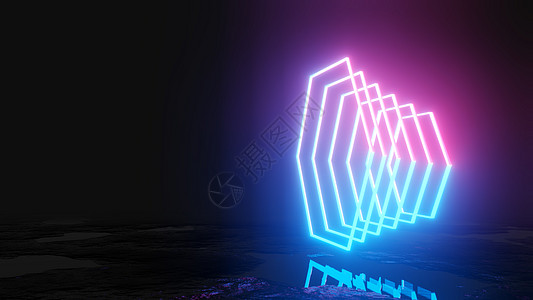 深色背景上发光的霓虹灯六边形蜂窝虚拟现实彩虹插图展示安装蓝色门户网站技术游戏图片