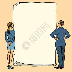 男人和女人的空白旗帜夫妻会议广告卡片商业微笑女性女孩营销广告牌背景图片