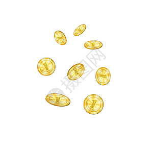 现实的金币从顶端掉落 在白背景上孤立的黄色金属货币图片