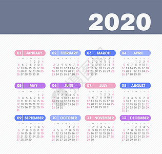 矢量日历 2020 年 星期从周日开始商业规划师广告数字时间网格插图办公室日记日程图片