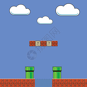 旧游戏背景 古老的Retro街机设计 绿色管道和红色砖块 像素视频图片