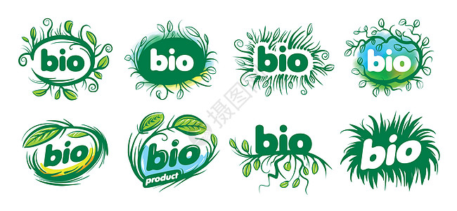 以叶子和草的形式生物标志 白色背景上的矢量图贴纸邮票横幅植物包装刻字食物标识插图市场图片