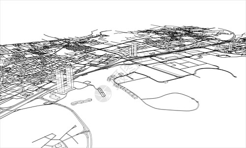 概述城市概念 线框样式白色城市地平线场景鸟瞰图摩天大楼房子绘画墨水草图图片