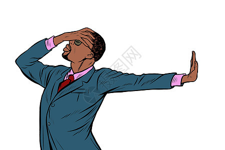 非洲裔美国商务人士 羞耻的否认姿态 n漫画良心头脑卡通片男性手势风暴艺术公司套装图片