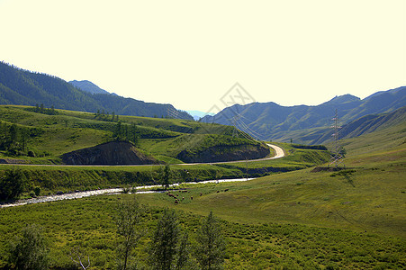 一个光滑的山谷 有一条河流过它 四周是田地和迷宫森林旅游荒野草地晴天山脉溪流流动公园木头蓝色图片