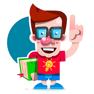卡通书呆子学生手里拿着一本书站着 教育的概念 戴眼镜的聪明人 平面矢量头发青少年微笑天才男人插图漫画孩子眼镜男性图片