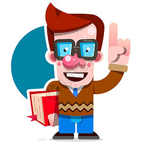 卡通书呆子学生手里拿着一本书站着 教育的概念 戴眼镜的聪明人 平面矢量学校微笑孩子白色卡通片漫画乐趣插图极客眼镜图片