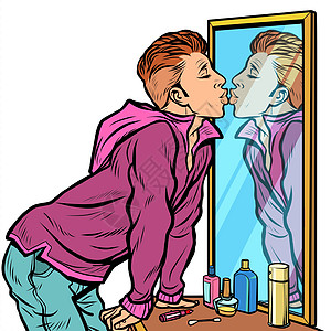 一个男人亲吻自己的倒影自恋自我自私性别吸引力反射男性浴室冒充艺术自恋者漫画商务图片