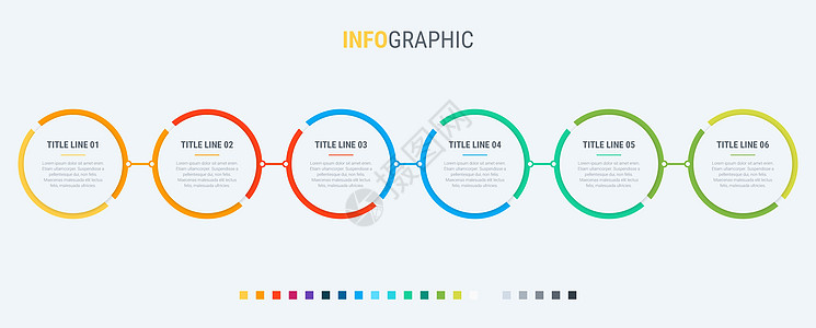 彩色图表信息图表模板 包含 6 个步骤的时间轴 业务的圈子工作流程 矢量设计项目圆圈技术社交商业数据报告网络收藏横幅图片