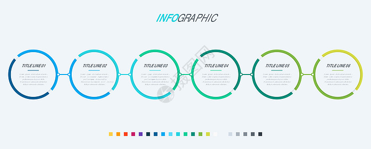 具有 6 个选项的抽象业务圆形信息图表模板 浅色背景上孤立的彩色图表时间线和时间表网络通讯一体化插图数据营销技术报告流程收藏图片