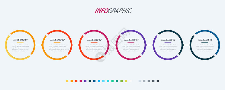 具有 6 个步骤的抽象商业圈信息图表模板 浅色背景上孤立的彩色图表时间线和时间表推介会报告插图工作网络营销技术数据流程脚步图片