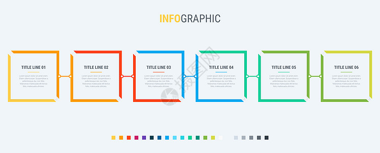 彩色图表 信息图表模板 包含 6 个步骤的时间轴 业务的矩形工作流过程 矢量设计空白脚步一体化数据通讯技术项目商业工作正方形图片
