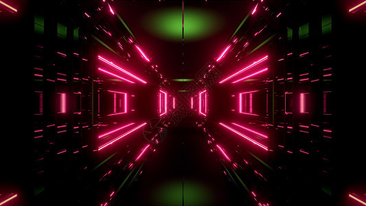 科幻空间隧道走廊与发光闪亮的灯光 3d 插图背景渲染反射红色反光艺术墙纸小说辉光运动绿色背景图片