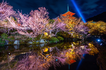 日本京都寺庙的红塔和明灯夜里图片