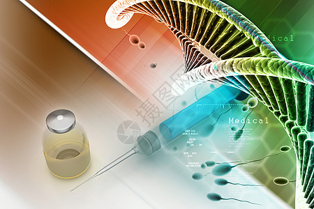 配有色背景精子和DNA的注射药物和注射器图片