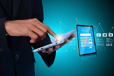 男人的手显示 Tablet pc 与密码 protectio笔记本技术商业电脑插图展示触摸屏时间电话细胞图片