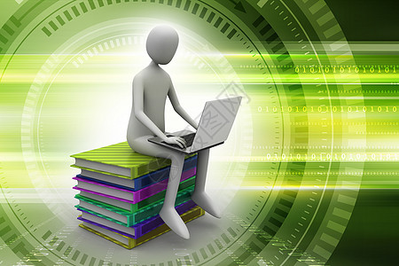 在彩色背景中使用笔记本电脑时坐在书本上的人知识办公室男性卡通片学校商业大学技术工作教育图片