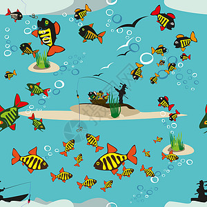 无缝纹理图案钓鱼 美丽的夏天爱好 矢量海报 每股收益蓝色男性渔夫水族馆运动水坑绘画动物活动冰洞图片