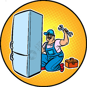 冰箱维修师傅体力劳动者技术家庭男人调色板紫色工具箱垫圈成人工作图片