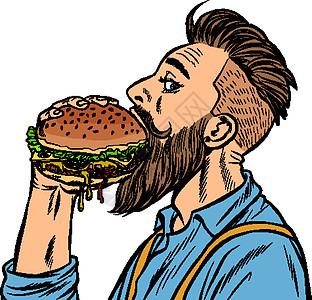 男人吃汉堡汉堡食物胡须美食插图小吃艺术成人潮人流行音乐垃圾图片