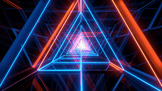 蓝色橙色三角铁丝网框架背景圆纸3d Midition隧道玻璃反射子反光运动橙子插图渲染三角形图片
