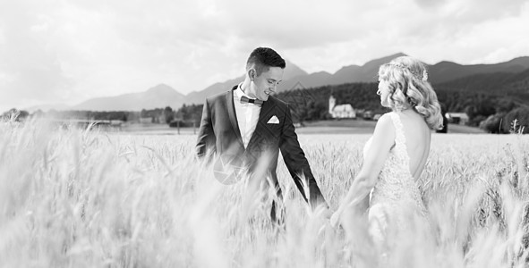 Groom和新娘在斯洛文尼亚乡村的某个小麦田中手牵手幸福夫妇家庭面纱国家女孩新婚婚姻套装男人图片