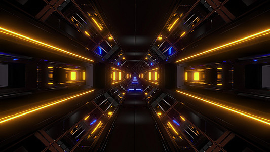 空中航船走廊飞过 vj环3d图解 以黄色蓝色光亮显示灯光3d对比度科幻插图黑色渲染场景飞艇墙纸背景图片