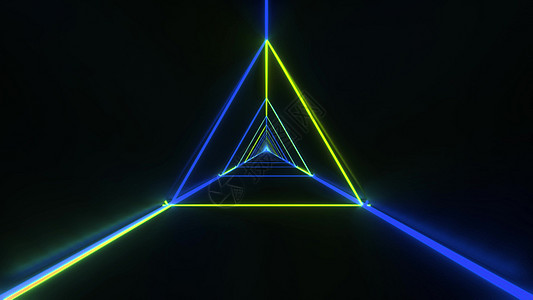 具有精美反射背景三维插图的抽象时装绿色蓝铁环框架三角形设计设计师反光墙纸运动蓝色艺术隧道黑色图片