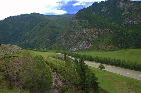 一条平静的河流过山地夏季山谷图片