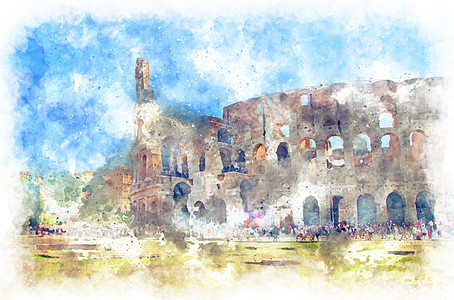 盛大的一部分 意大利罗马 夏季旅游城市废墟意大利语竞技场建筑地标插图柱子斗兽场背景图片