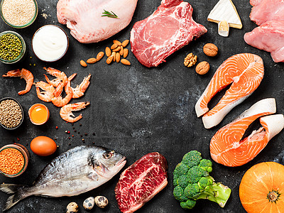 鲜活对虾蛋白素来源概念 最高视图或平面坚果节食牛扒菜单扁豆奶油对虾食物植物饮食背景