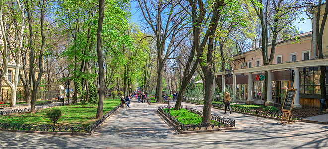 春季的敖德萨市花园旅游公园社论长廊城市途径狮子喷泉纪念碑全景图片
