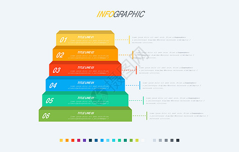 信息图表模板  6个楼梯设计 色彩漂亮 演示文稿的矢量时间轴元素脚步项目日程数字社交箭头插图推介会横幅小册子图片
