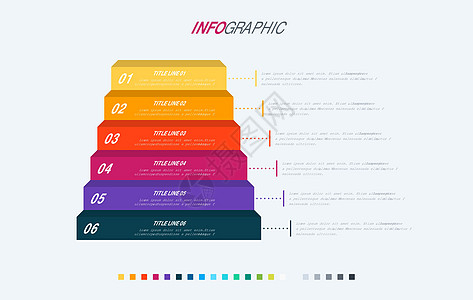 彩色图表信息图表模板 具有 6 个选项的时间轴 楼梯业务流程 矢量设计图片