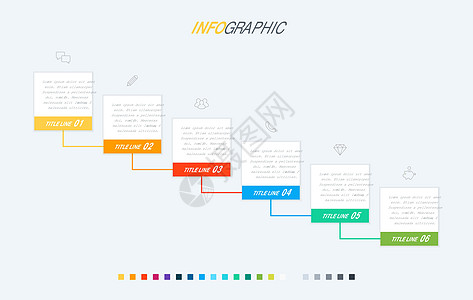彩色图表信息图表模板 包含 6 个步骤的时间轴 业务的模块化工作流程 矢量设计图片
