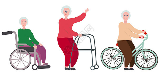 坐轮椅和骑自行车的老妇人图片