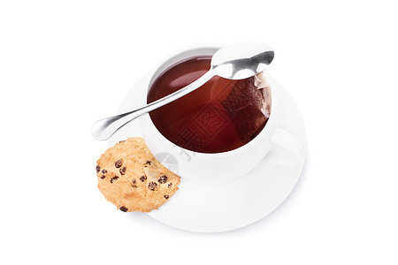 一杯茶巧克力传统茶杯饮料小吃牛奶早餐飞碟饼干香气图片